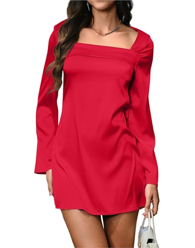 HYPERFIRE Damen Elegant Quadratischer Ausschnitt Satin Langarm Minikleid Hochzeit Cocktailkleider, Rot/Ausflug, einfarbig (Getaway Solids), Klein von HYPERFIRE