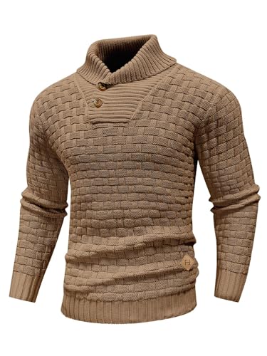HYPESTFIT Herren Rollkragen Pullover Langarm Feinstrick Pullover Texturierte Gerippte Kante Basic Sweater Dunkel Khaki L von HYPESTFIT
