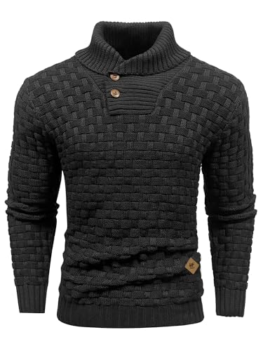 HYPESTFIT Herren Rollkragen Pullover Langarm Feinstrick Pullover Texturierte Gerippte Kante Basic Sweater Schwarz M von HYPESTFIT