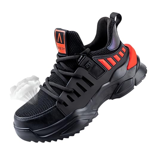 HYPIQQ Sicherheitsschuhe Herren S3 Leicht Stahlkappenschuhe Schnürsenkel Wasserdicht Arbeitsschuhe Sommer Arbeitsschuhe Herren Turnschuhe,Black red,36 EU von HYPIQQ