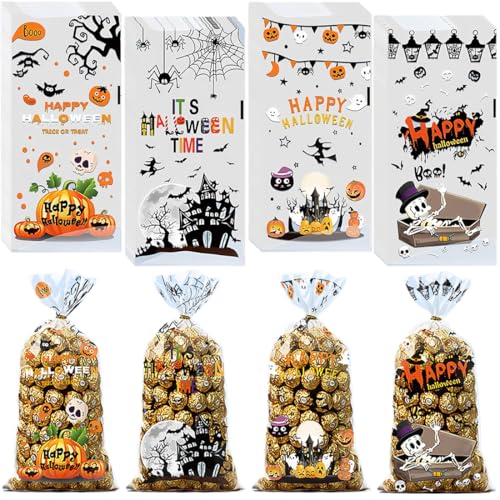 100 Stück Halloween Süßigkeiten Tüten Plastik Bonbon Verpackungstüten cellophantüten Plätzchen Tüten für Halloween Snack Party Süßigkeiten Gastgeschenke (A) von HYRKOTW