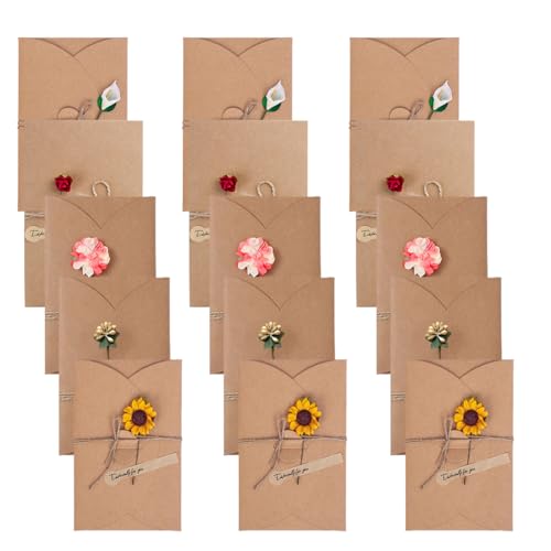 15 Trockenblumen-Grußkarten mit Umschlägen aus Kraftpapier, Glückwunschkarten zum Geburtstag, Babygeschenke und Umschläge, Weihnachts-Hochzeits-Glückwunschkarten von HYRKOTW
