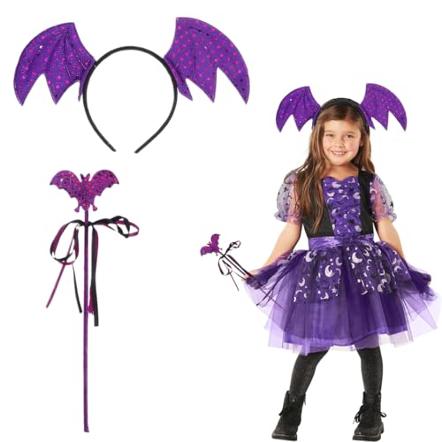 2 Stück Fledermaus Kostüm HalloweenKostüm Kinder Lila Fledermaus-Stirnband + Feenstab Haarreifen Fasching Karneval Halloween Party Kostüm Haarschmuck Stirnband Headwear von HYRKOTW
