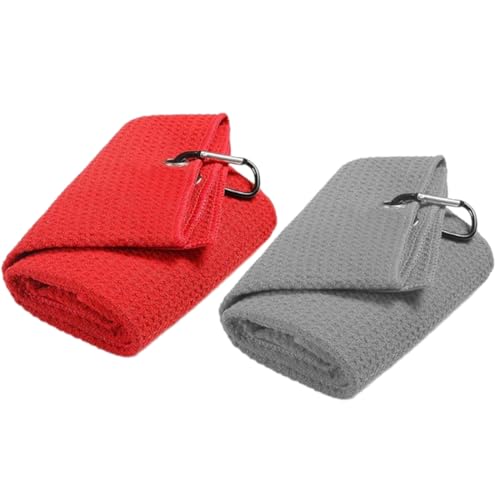 2 Stück Golfhandtücher, Mikrofaser-Waffel-Golfhandtücher, faltbare Golfhandtücher mit Clips für Herren-Golftaschen (Rot + Grau) von HYRKOTW