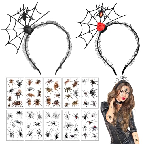 2 Stück Halloween Haarreif Spinne Fledermaus Spinnen Kopfschmuck Fledermaus Spinne mit 10 Blatt Tattoos für Kinder Damen Kostüm Accessoires zum Halloween Karneval Fasching von HYRKOTW