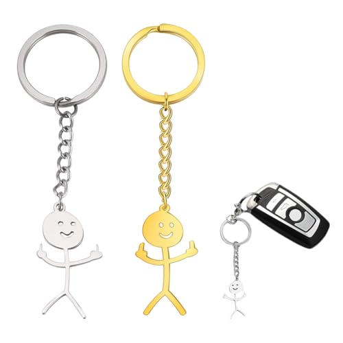 2 Stück Lustiger Smiley-Schlüsselanhänger in Gebärdensprache mit kleinem Mann, Strichmännchen-Schlüsselanhänger fürs Auto (1 Gold und 1 Silber) von HYRKOTW