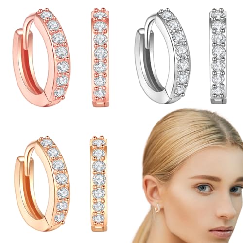 3 Paar Silber-Creolen für Damen, Zirkonia-Creolen mit AAA-Zirkonia, hypoallergen, Roségold + Silber + Gold von HYRKOTW