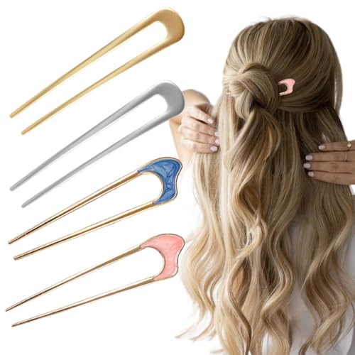 4 Stück U-förmige Haarspangen, Metallklammern, französische Haarspangen, Metall-Haarspangen, Gabel, Stab, Gabel, Mädchen und Frauen, Haar-Styling-Zubehör von HYRKOTW