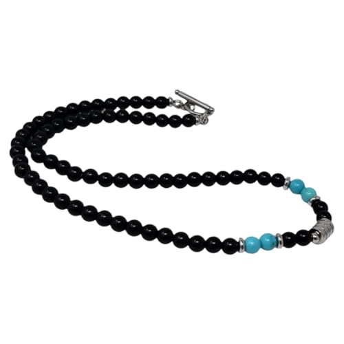 Halskette für Herren mit 6mm Türkis + Obsidian Perlen – Perlenkette Herren – Obsidian Kette Schmuck – Perlenkette & Halskette Herren Stilvoll – Kette Jungs & Mens Jewellery – Mit Samtbeutel von HYRKOTW