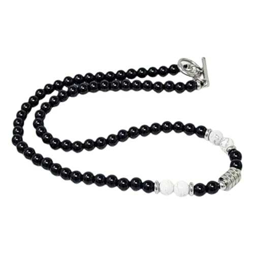 Halskette für Herren mit 6mm Weißer Türkis + Obsidian Perlen – Perlenkette Herren – Obsidian Kette Schmuck – Perlenkette & Halskette Herren Stilvoll – Kette Jungs & Mens Jewellery – Mit Samtbeutel von HYRKOTW