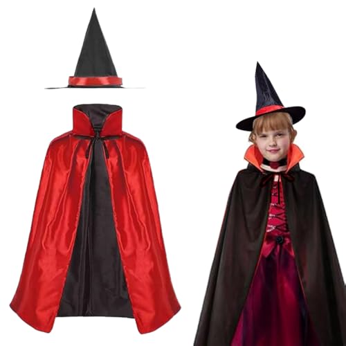 Kinder Halloween Kostüm, Zauberer Kostüm Kinder, Wizard Cape Witch Umhang mit Hut, Kinderkostüm Hexenhut Faschingskostüm für Karneval Fasching Cosplay Junge Mädchen (Rot & Schwarz) von HYRKOTW