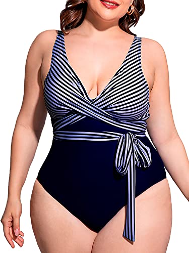 HYSENM Badeanzug Damen Große Große Oberweite mit Bügel Badekleid Damen Große Größe Größen Cups Triangel Bauchweg Rückenfrei Monokinis Bademode für Damen Swimsuit Strand Schwimmbad, Dunkelblau 3XL von HYSENM