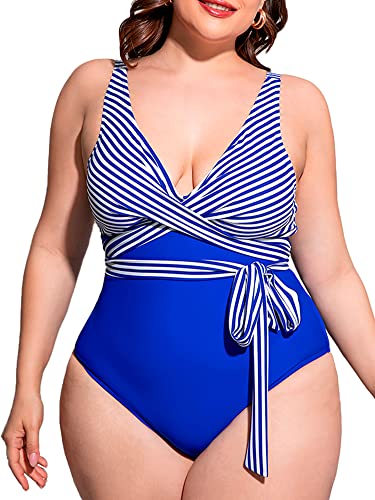 HYSENM Badeanzug Damen Große Große Oberweite mit Bügel Badekleid Damen Große Größe Größen Cups Triangel Bauchweg Rückenfrei Monokinis Bademode für Damen Swimsuit Strand Schwimmbad, Blau 2XL von HYSENM