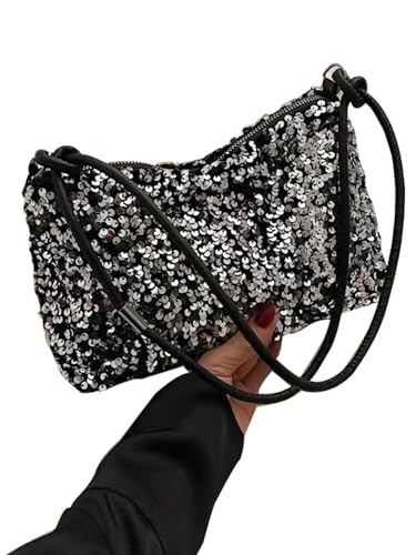 HYSoogut Umhängetasche Mode Schultertasche Damen Handtasche Party Henkeltasche mit Pailletten Tasche mit Reißverschluss Silber von HYSoogut
