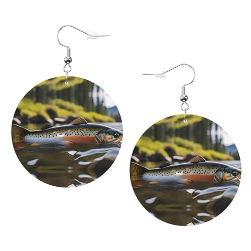 Brook Trout Fly Fishing Prints Fashion Round Earrings Pendant Stylish and Beautiful Lightweight Dangle for Women Girls, Einheitsgröße, Leder von HYTTER