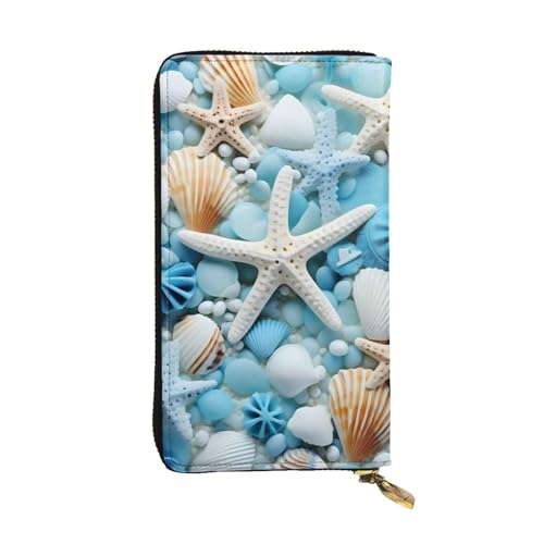 HYTTER Geldbörse aus Leder - Stilvolle und langlebige Geldbörse für Damen mit mehreren Fächern und Reißverschluss-Design Ozean Meer Strand Muscheln Seestern Blau Muster Schwarz Einheitsgröße, Schwarz von HYTTER