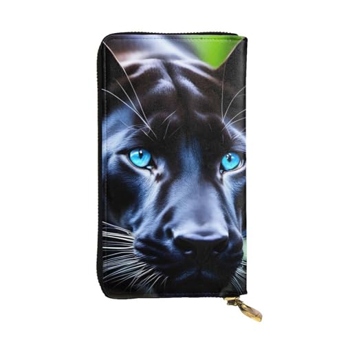 HYTTER Geldbörse aus Leder - Stilvolle und langlebige Geldbörse für Damen mit mehreren Fächern und Reißverschluss-Design Panther mit blauen Augen Muster, Schwarz, Einheitsgröße von HYTTER