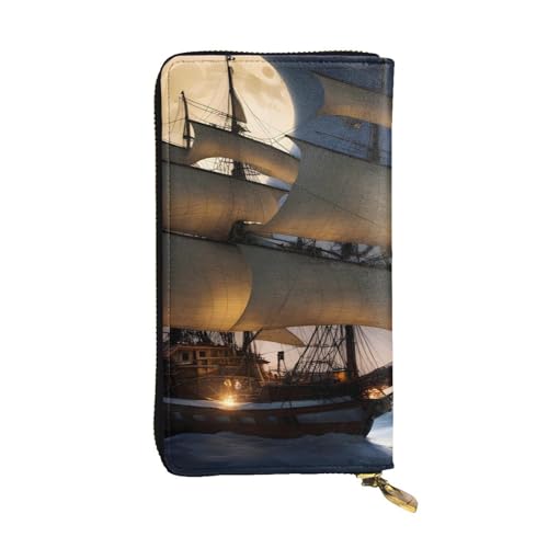 HYTTER Geldbörse aus Leder - Stilvolle und langlebige Geldbörse für Damen mit mehreren Fächern und Reißverschluss-Design Piraten-Segelboot Vollmondmuster, Schwarz, Einheitsgröße, Schwarz , von HYTTER