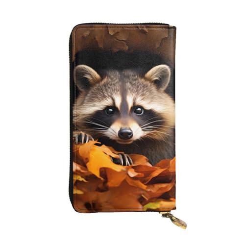 HYTTER Geldbörse aus Leder - Stilvolle und langlebige Geldbörse für Damen mit mehreren Fächern und Reißverschluss-Design Waschbär im Herbstbaum-Lochmuster, Schwarz, Einheitsgröße, Schwarz , von HYTTER