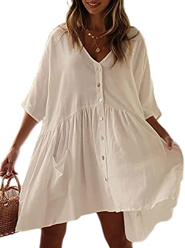 HYUET Damen Kurzes Strandkleid Sommer Strandponcho Strandurlaub Badeanzug Bikini Cover-Ups Elegantes Sommerkleid Baumwolle mit Knöpfen für Damen Sommer Pareos Urlaub Die von HYUET