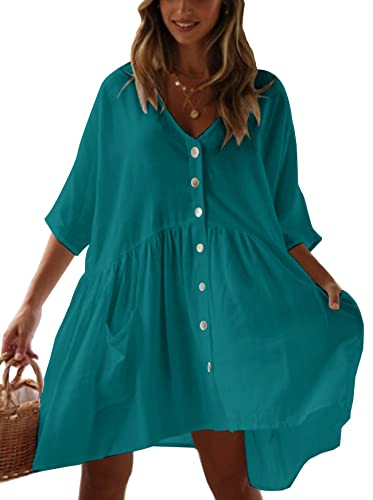 HYUET Damen Kurzes Strandkleid Sommer Strandponcho Strandurlaub Badeanzug Bikini Cover-Ups Elegantes Sommerkleid Baumwolle mit Knöpfen für Damen Sommer Pareos Urlaub Die von HYUET