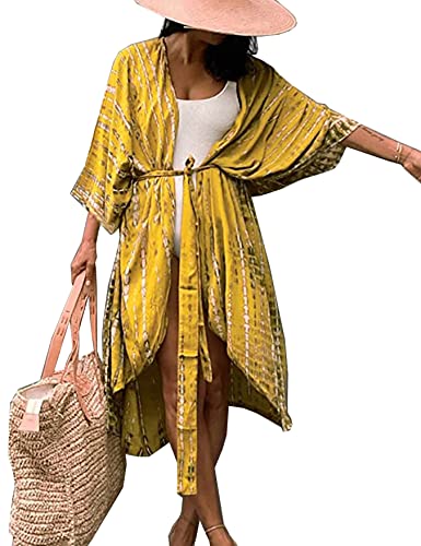 HYUET Damen Maxi Strandkleid Bikini Cover Up für Damen Übergröße Strandponcho Lange Boho Kimono Damen Lose Sommer Pareos Lang Sommerkleid Damen Elegant Maxikleid Baumwolle für Urlaub Die von HYUET