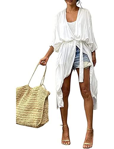 HYUET Damen Maxi Strandkleid Bikini Cover Up für Damen Übergröße Strandponcho Lange Boho Kimono Damen Lose Sommer Pareos Lang Sommerkleid Damen Elegant Maxikleid Baumwolle für Urlaub Die von HYUET