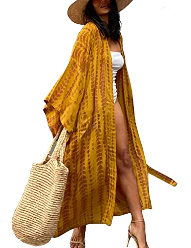 HYUET Damen Maxi Strandkleid Bikini Cover Up für Damen Übergröße Strandponcho Lange Boho Kimono Damen Lose Sommer Pareos Lang Sommerkleid Damen Elegant Maxikleid Baumwolle für Urlaub Die von HYUET