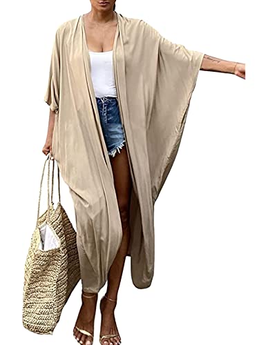 HYUET Damen Maxi Strandkleid Bikini Cover Up für Damen Übergröße Strandponcho Lange Boho Kimono Damen Lose Sommer Pareos Lang Sommerkleid Damen Elegant Maxikleid Baumwolle für Urlaub Die von HYUET