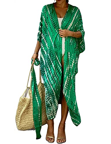HYUET Damen Maxi Strandkleid Bikini Cover Up Übergröße Strandponcho Lange Boho Kimono Lose Sommer Pareos Lang Sommerkleid Elegant Maxikleid Baumwolle für Urlaub von HYUET