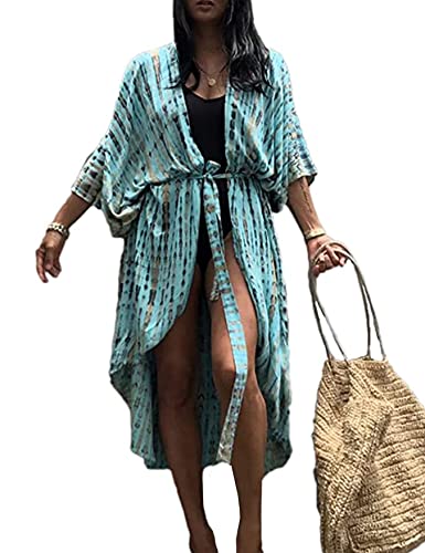 HYUET Damen Maxi Strandkleid Bikini Cover Up Übergröße Strandponcho Lange Boho Kimono Lose Sommer Pareos Lang Sommerkleid Elegant Maxikleid Baumwolle für Urlaub von HYUET
