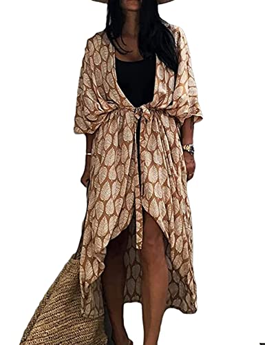 HYUET Damen Maxi Strandkleid Bikini Cover Up Übergröße Strandponcho Lange Boho Kimono Lose Sommer Pareos Lang Sommerkleid Elegant Maxikleid Baumwolle für Urlaub von HYUET