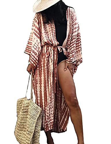 HYUET Damen Maxi Strandkleid Bikini Cover Up Übergröße Strandponcho Lange Boho Kimono Lose Sommer Pareos Lang Sommerkleid Elegant Maxikleid Baumwolle für Urlaub von HYUET