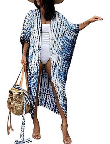 HYUET Maxi Strandkleid Bikini Cover Up Übergröße Strandponcho Lange Boho Kimono Damen Lose Sommer Pareos Lang Sommerkleid Elegant Maxikleid Baumwolle für Urlaub von HYUET