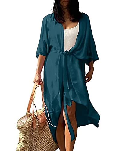 HYUET Damen Maxi Strandkleid Bikini Cover Up für Damen Übergröße Strandponcho Lange Boho Kimono Damen Lose Sommer Pareos Lang Sommerkleid Damen Elegant Maxikleid Baumwolle für Urlaub Die von HYUET