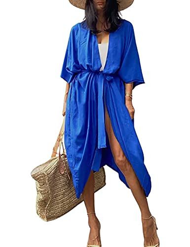 HYUET Damen Maxi Strandkleid Bikini Cover Up Übergröße Strandponcho Lange Boho Kimono Lose Sommer Pareos Lang Sommerkleid Elegant Maxikleid Baumwolle für Urlaub von HYUET