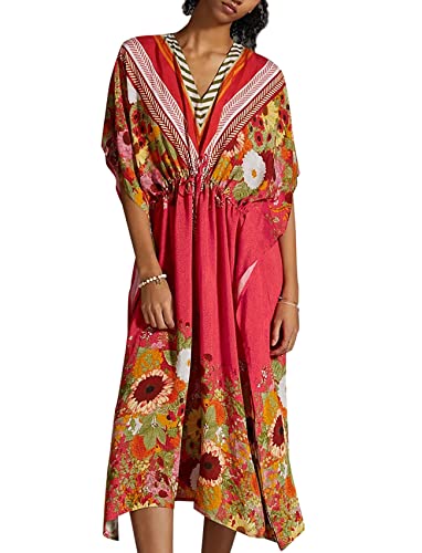 HYUET Sommer Damen Lang Strandkleid Strandponcho Strandurlaub Badeanzug Bikini Cover-Ups Elegantes Sommerkleid Pareos Maxikleid mit V-Ausschnitt Taillenzug für Damen Sommer Pareos Urlaub Die von HYUET