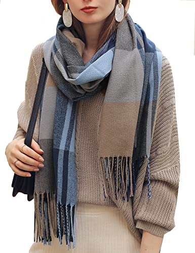 HYUET Winter Pashmina Schal Schal Damen Plaid Elegant Lange Weiche Warme Wickelschals Tartan Tartan Wrap Strickschal Winter Poncho Stola Pashmina für Damen Herren,Blau,65 * 185 cm von HYUET