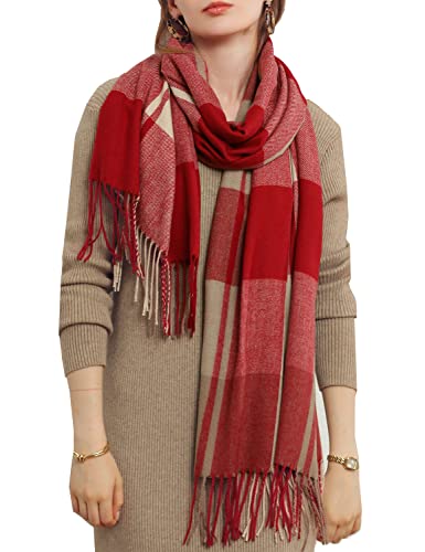 HYUET Winter Pashmina Schal Schal Damen Plaid Elegant Lange Weiche Warme Wickelschals Tartan Tartan Wrap Strickschal Winter Poncho Stola Pashmina für Damen Herren,Rot,65 * 185 cm von HYUET