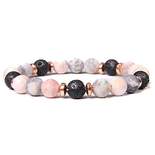 HYXC Bergkristall Armband, Natürliche Rosa Zebra-Lavastein-Armbänder Mode Abgeflachte Abstandsperlen Chakra-Armbänder Elastische Energie-Edelstein-Balance-Yoga-Schmuck Für Frauen Und Männer von HYXC