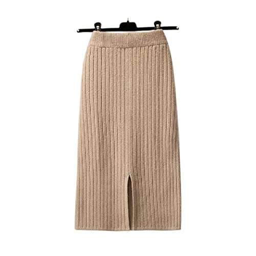 HYXC Röcke Damen-Midirock, Khaki, Elastisch, Hohe Taille, Gestrickt, Mit Schlitz, Hüften, Wickelrock, Herbst, Winter, A-Linie, Einfarbig, Knielang, Lange Röcke Für Mädchen, Damen, M von HYXC