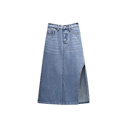 Rock Damen,Damen-Midirock Blau Elastischer Hoher Taillenrock Mit Unregelmäßigem Schlitz Denim Hüften Umwickelt Mit Tasche Schlanke A-Linie Mode Lange Röcke Für Mädchen Damen,L von HYXC