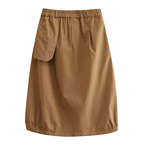 Rock Damen,Damen-Midirock Khaki Elastischer Cargorock Mit Hoher Taille Locker Mit Tasche A-Linie Swing Geraffter Einfarbiger Mittellanger Rock Für Mädchen Damen,M von HYXC