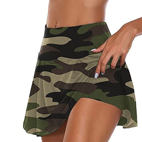 Rock Damen,Damen-Minirock Grüner Camouflage-Druck Elastischer Sport-Tennisrock Mit Hoher Taille Lässiger Rock Mit Hose Fitness A-Linie Kurzer Rock Für Mädchen Damen,M von HYXC