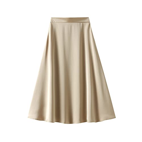 Röcke,Damen Midirock Beige Satin A-Linie Rock Mit Hoher Taille Mode Reißverschluss Fließende Geraffte Rüschen Einfarbig Elegant Lange Röcke Für Mädchen Damen,S von HYXC