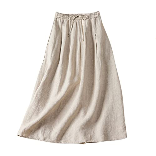 Röcke,Midi-Rock Für Damen, Beige, Elastisch, Hohe Taille, Retro-Faltenrock Aus Baumwolle, Leinen, Schnürung, Mit Tasche, A-Linie, Gerüscht, Knielang, Langer Rock Für Mädchen, Damen, L von HYXC