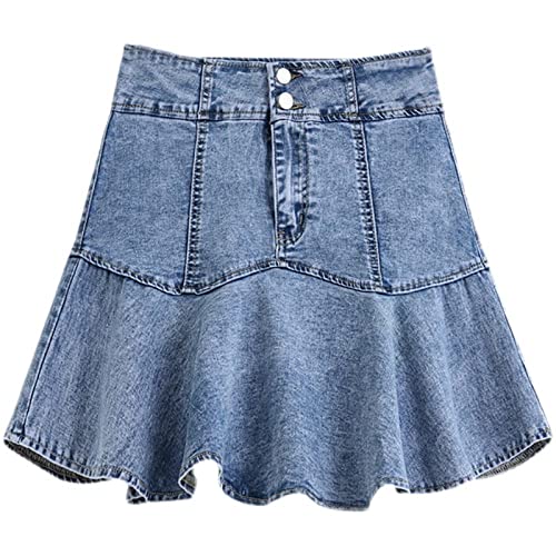 Röcke Damen,Damen-Minirock Blau High Waist Spleißen Denim Rüschen Hüften Wickelrock Schlank A-Linie Lagenrock Mit Hosen Mode Kurzer Rock Für Mädchen Damen, XXL von HYXC