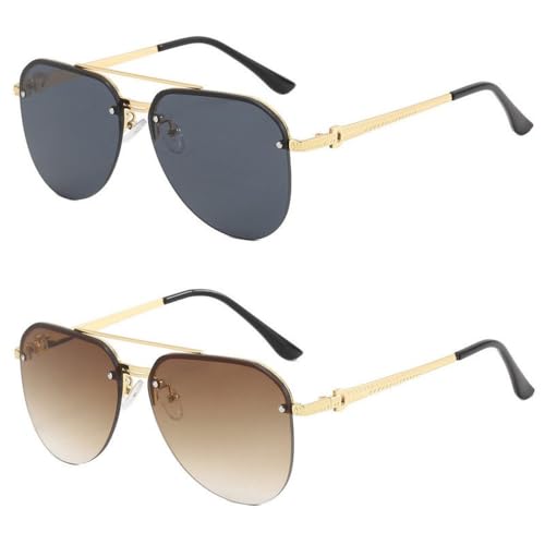 HYYZZC Modische Metall-Sonnenbrille mit halbem Rahmen, für Damen, klassische Doppelstrahlbrille, 2 Stück, Goldbraun, Einheitsgröße von HYYZZC