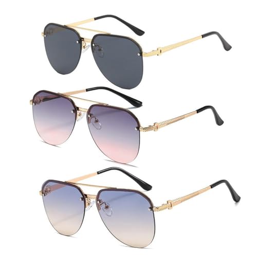 HYYZZC Modische Metall-Sonnenbrille mit halbem Rahmen, für Damen, klassische Doppelstrahlbrille, 3 Stück, goldfarben, rosa, gelb, Einheitsgröße von HYYZZC