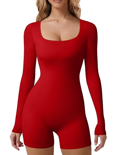 HYZ Damen Casual Langarm Tailliert Hohe Taille Workout Täglich Einteiler Kurz Jumpsuit, Rot/Ausflug, einfarbig (Getaway Solids), Small von HYZ